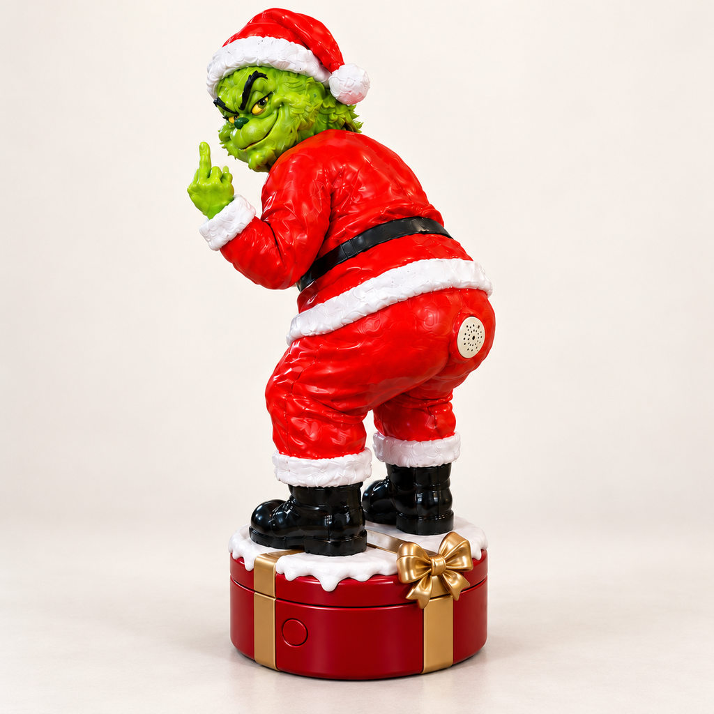 Gassy Grinch concept image: Santa-dressed character on ruby-red gift-style base, front view