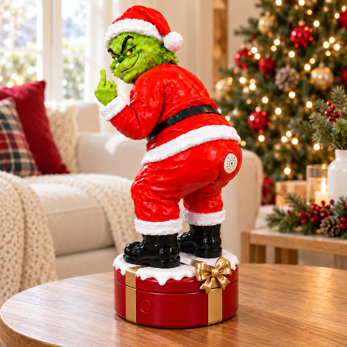 Gassy Grinch illustrative concept in a Christmas home setting