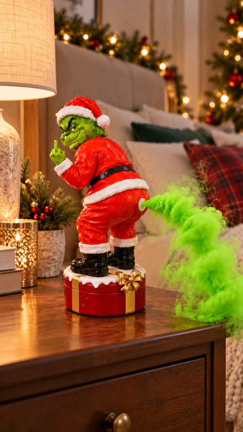 Gassy Grinch diffuser with green mist on a bedside table