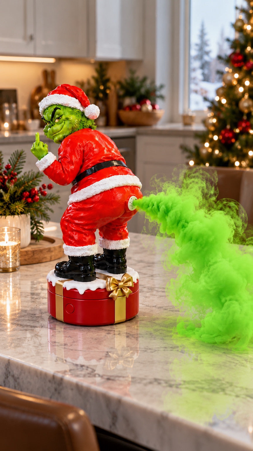 Gassy Grinch diffuser with green mist on a kitchen counter