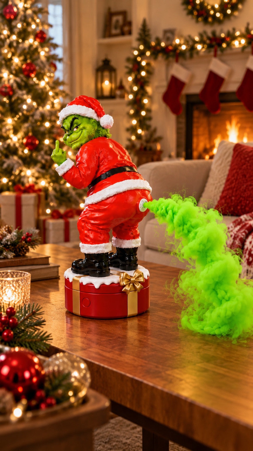 Gassy Grinch diffuser with green mist in a Christmas living room