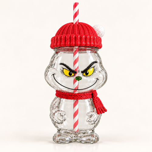 Empty Grinch Gulp character cup with red beanie-style top, red scarf and candy-cane striped straw