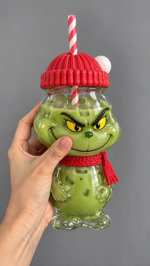 Grinch Gulp cup with red beanie, scarf and striped straw, shown with matcha